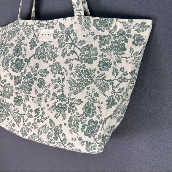 SEZANE Parisian Chic Green Cream Floral Tote Bag Cottagecore Cotton Shopping Bag - Picture 5 of 11